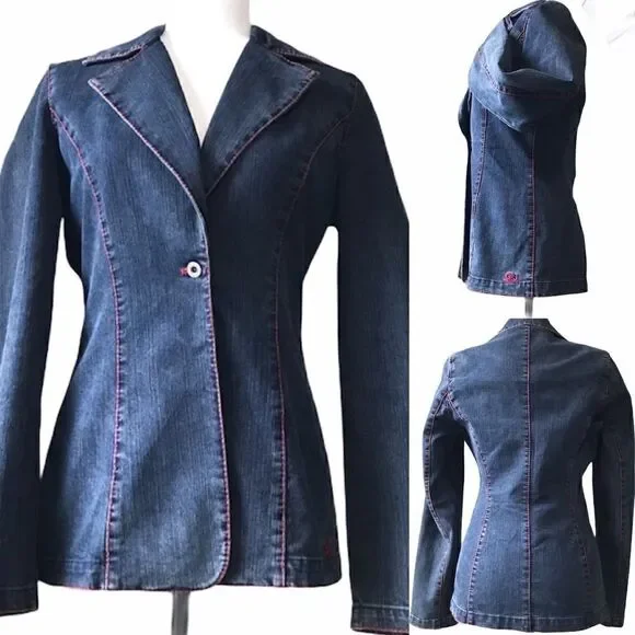 Fitted Collared One Button Denim Blazer/Jacket - Picture 1 of 8